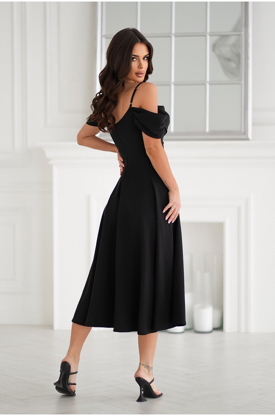 Rochie eleganta midi neagra baby doll cu umerii goi evazata Anelisa 2 - jojofashion.ro