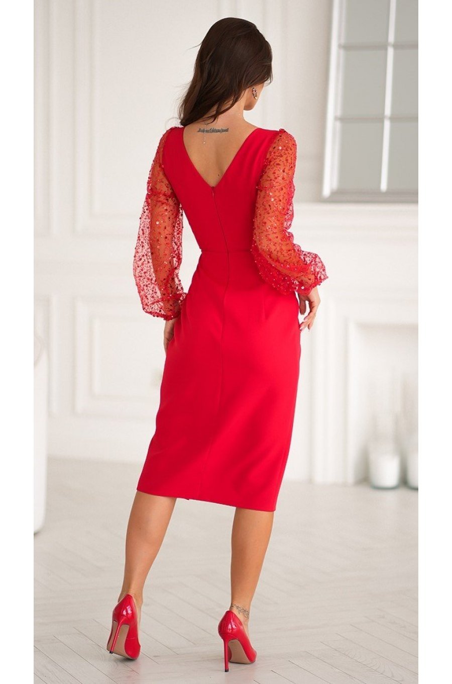 Rochie midi rosie cu paiete si maneca lunga Lavish Rochie midi rosie cu paiete si maneca lunga Lavish 2 - jojofashion.ro