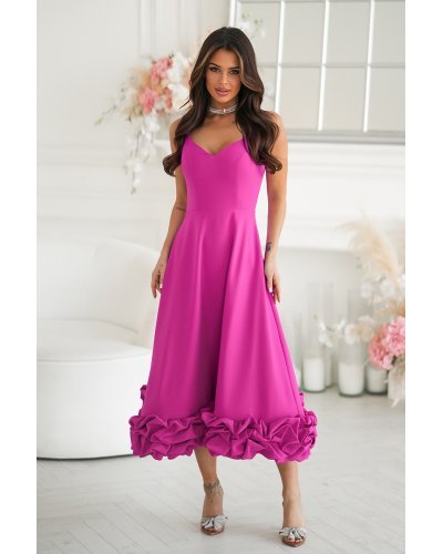 Rochii de nasa, Rochie eleganta midi roz fucsia cu volan tridimensional Jasmina - jojofashion.ro