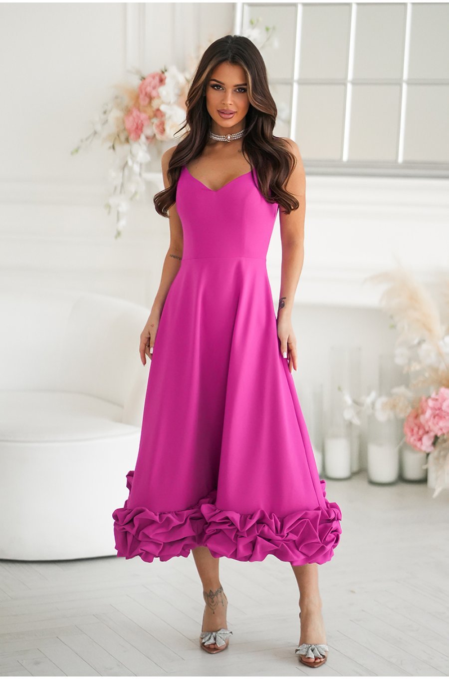 Rochie eleganta midi roz fucsia cu volan tridimensional Jasmina 1 - jojofashion.ro