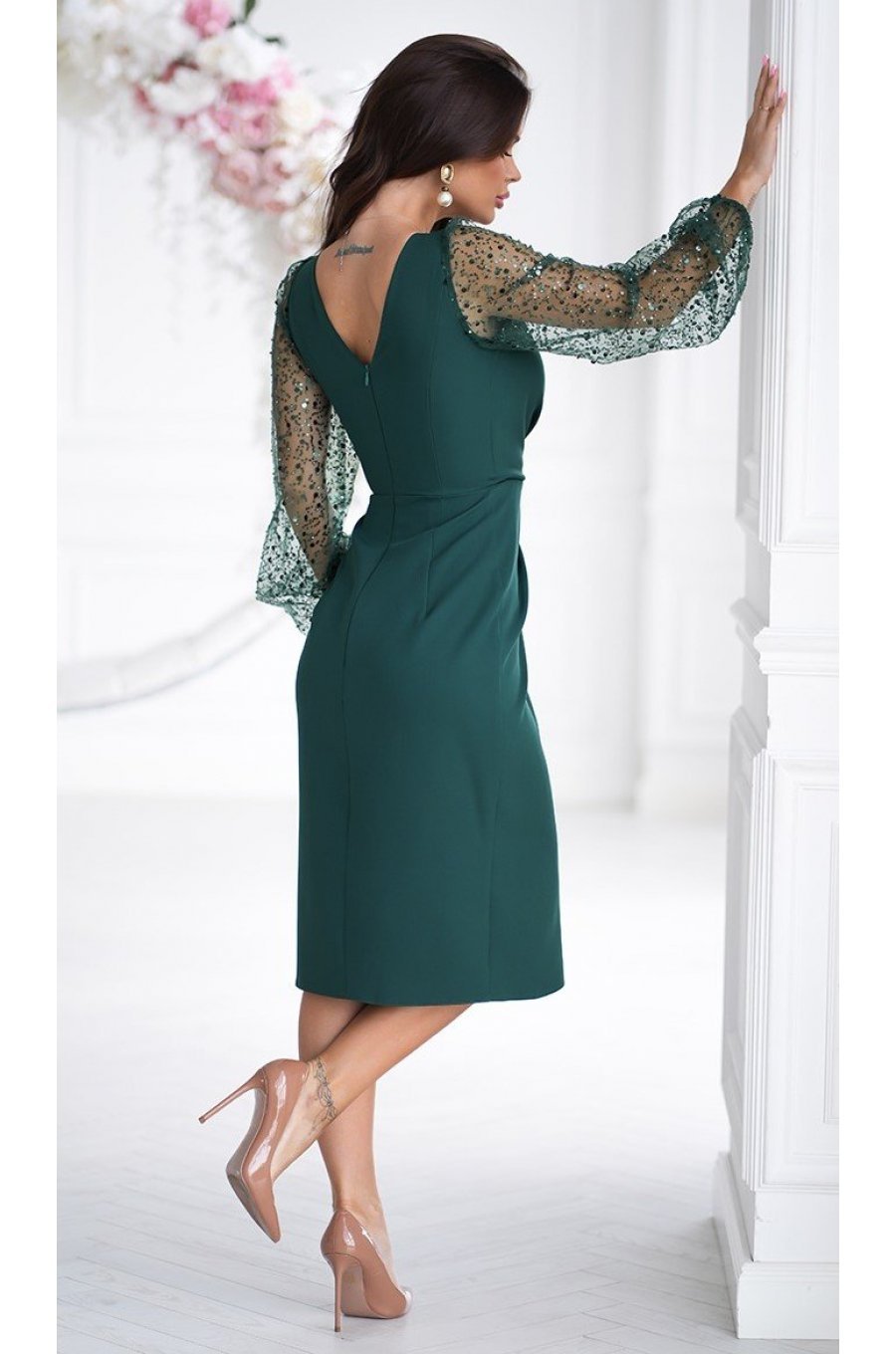 Rochie midi verde cu paiete si maneca lunga Lavish Rochie midi verde cu paiete si maneca lunga Lavish 2 - jojofashion.ro