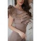 Rochie scurta eleganta cappuccino cu un umar gol cu volan si pene Sophia 6 - jojofashion.ro