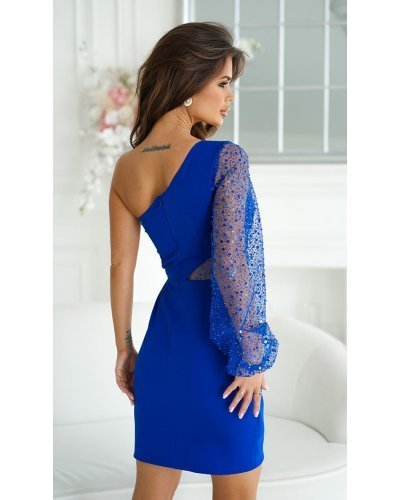 Rochie scurta albastra cu paiete cu maneca lunga si un umar gol Seduction Rochii scurte, Rochie scurta albastra cu paiete cu maneca lunga si un umar gol Seduction - jojofashion.ro