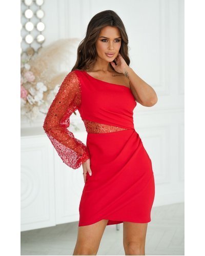 Rochie scurta eleganta rosie cu paiete cu maneca lunga si un umar gol Seduction Rochii de Ocazie Elegante, Rochie scurta eleganta rosie cu paiete cu maneca lunga si un umar gol Seduction - jojofashion.ro