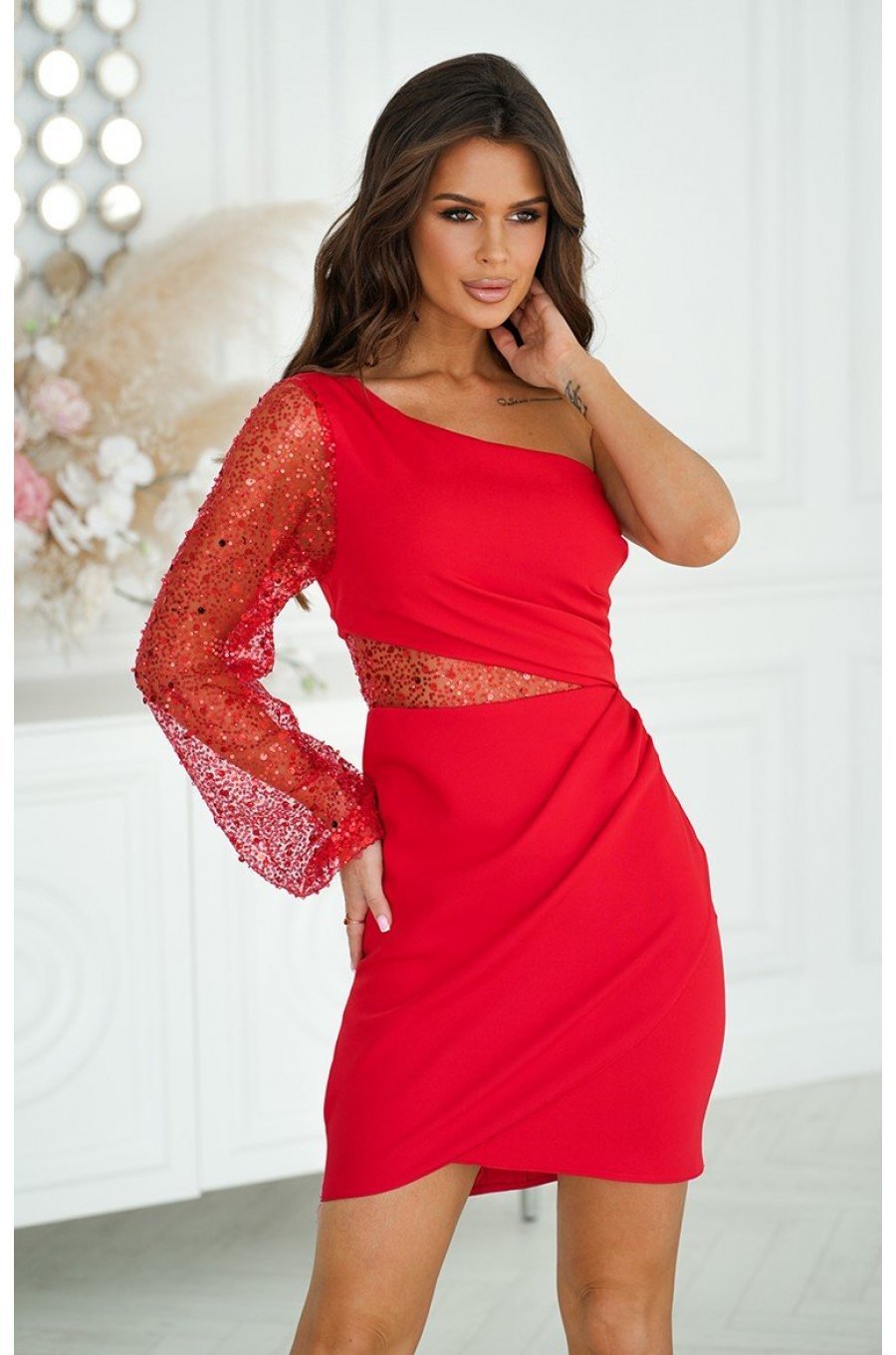 Rochie scurta eleganta rosie cu paiete cu maneca lunga si un umar gol Seduction 1 - jojofashion.ro