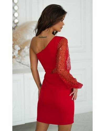 Rochie scurta eleganta rosie cu paiete cu maneca lunga si un umar gol Seduction Rochii de Ocazie Elegante, Rochie scurta eleganta rosie cu paiete cu maneca lunga si un umar gol Seduction - jojofashion.ro