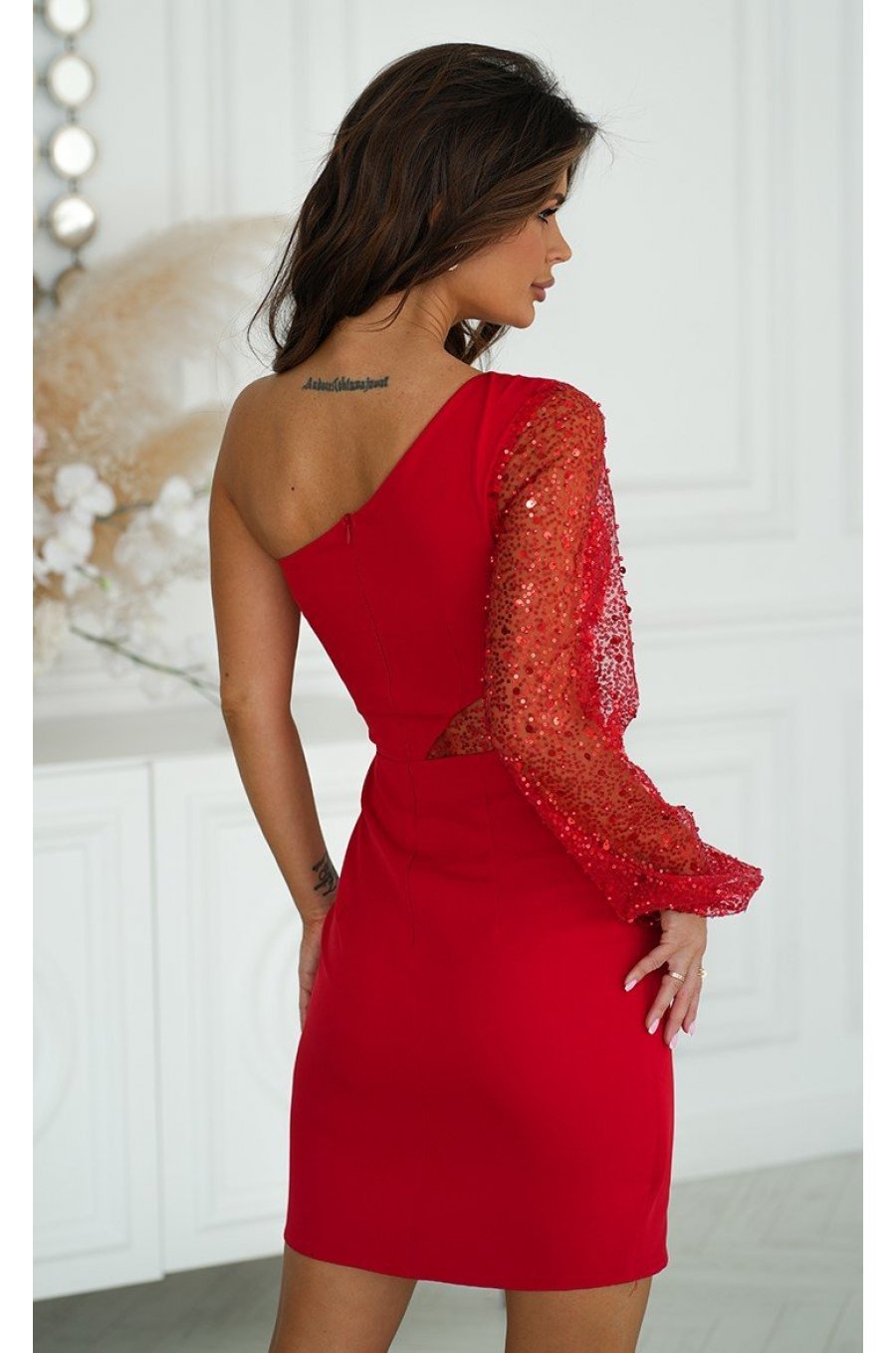 Rochie scurta eleganta rosie cu paiete cu maneca lunga si un umar gol Seduction 2 - jojofashion.ro