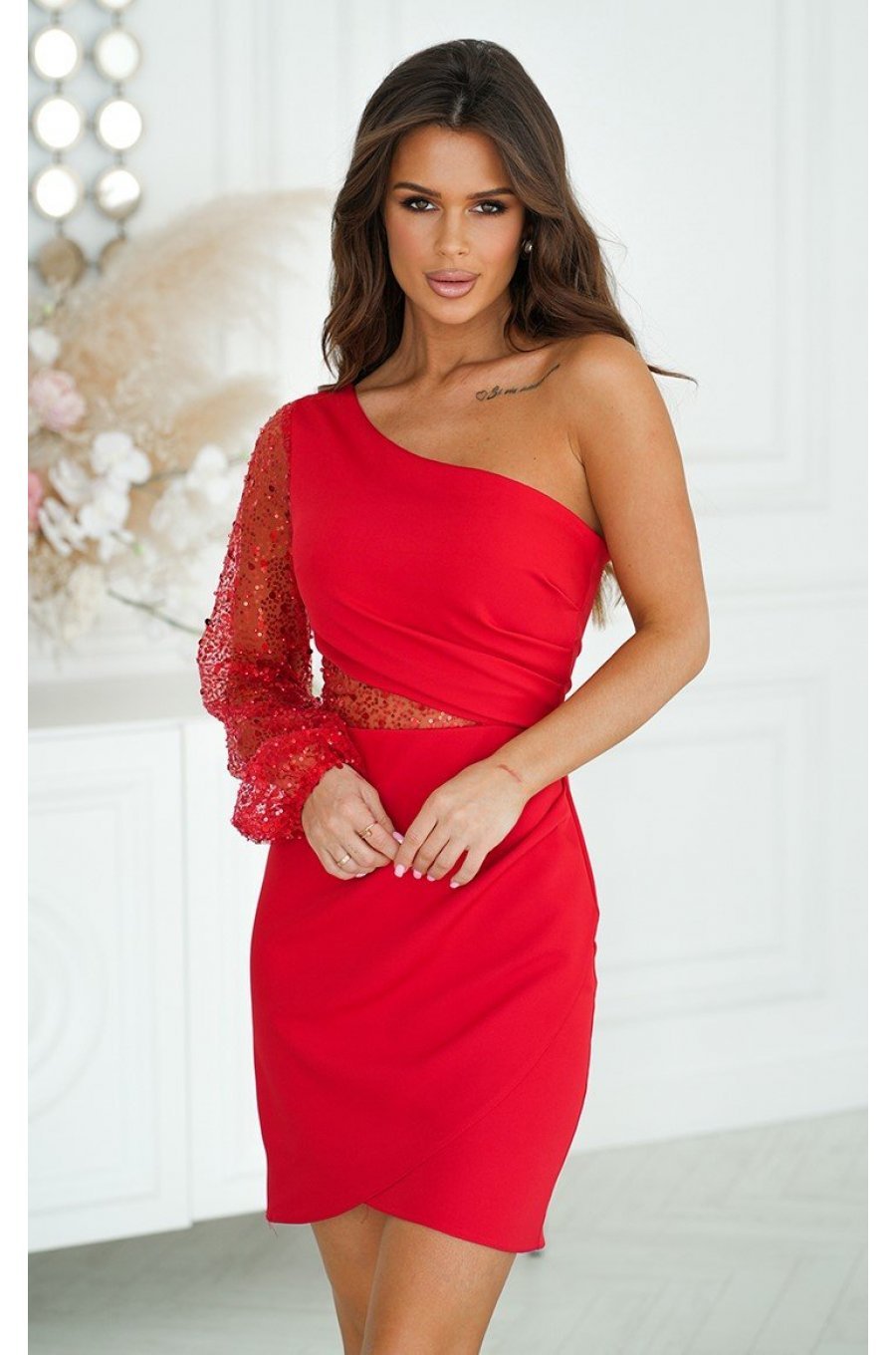 Rochie scurta eleganta rosie cu paiete cu maneca lunga si un umar gol Seduction 4 - jojofashion.ro