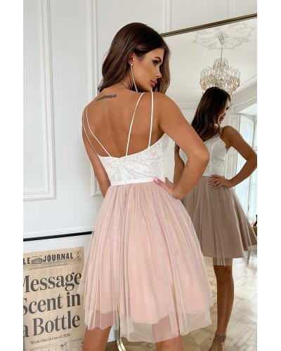 Rochie scurta din tul bej si dantela ecru baby doll Almateea Rochii cununie civila, Rochie scurta din tul bej si dantela ecru baby doll Almateea - jojofashion.ro