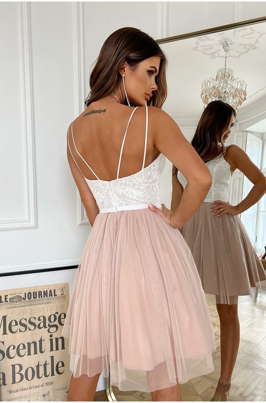 Rochie scurta din tul bej si dantela ecru baby doll Almateea 2 - jojofashion.ro