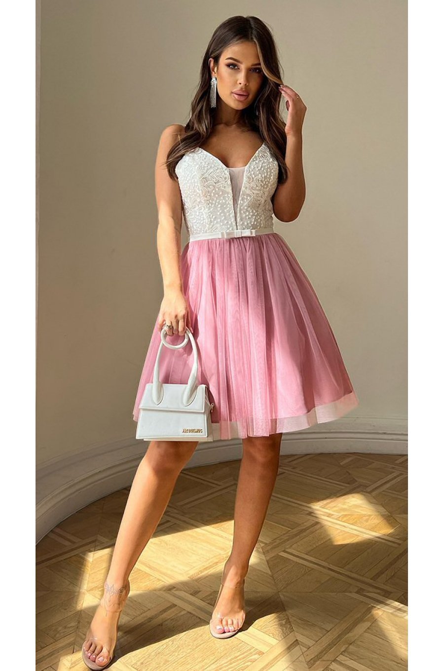 Rochie scurta din tul roz si dantela ecru baby doll Almateea 1 - jojofashion.ro