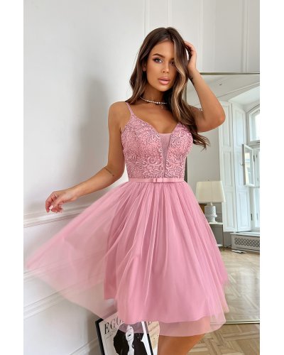 Rochie eleganta scurta, din tul si dantela, roz prafuit, baby doll, Almateea Rochii de Ocazie Elegante, Rochie eleganta scurta, din tul si dantela, roz prafuit, baby doll, Almateea - jojofashion.ro