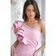 Rochie scurta eleganta roz prafuit cu un umar gol cu volan si pene Sophia 7 - jojofashion.ro