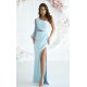 Rochie lunga, cu paiete, baby blue, cu maneca lunga si un umar gol, Temptation 2 - jojofashion.ro