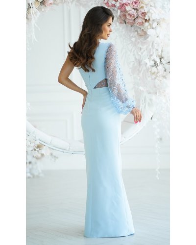 Rochie lunga, cu paiete, baby blue, cu maneca lunga si un umar gol, Temptation Rochii lungi, Rochie lunga, cu paiete, baby blue, cu maneca lunga si un umar gol, Temptation - jojofashion.ro