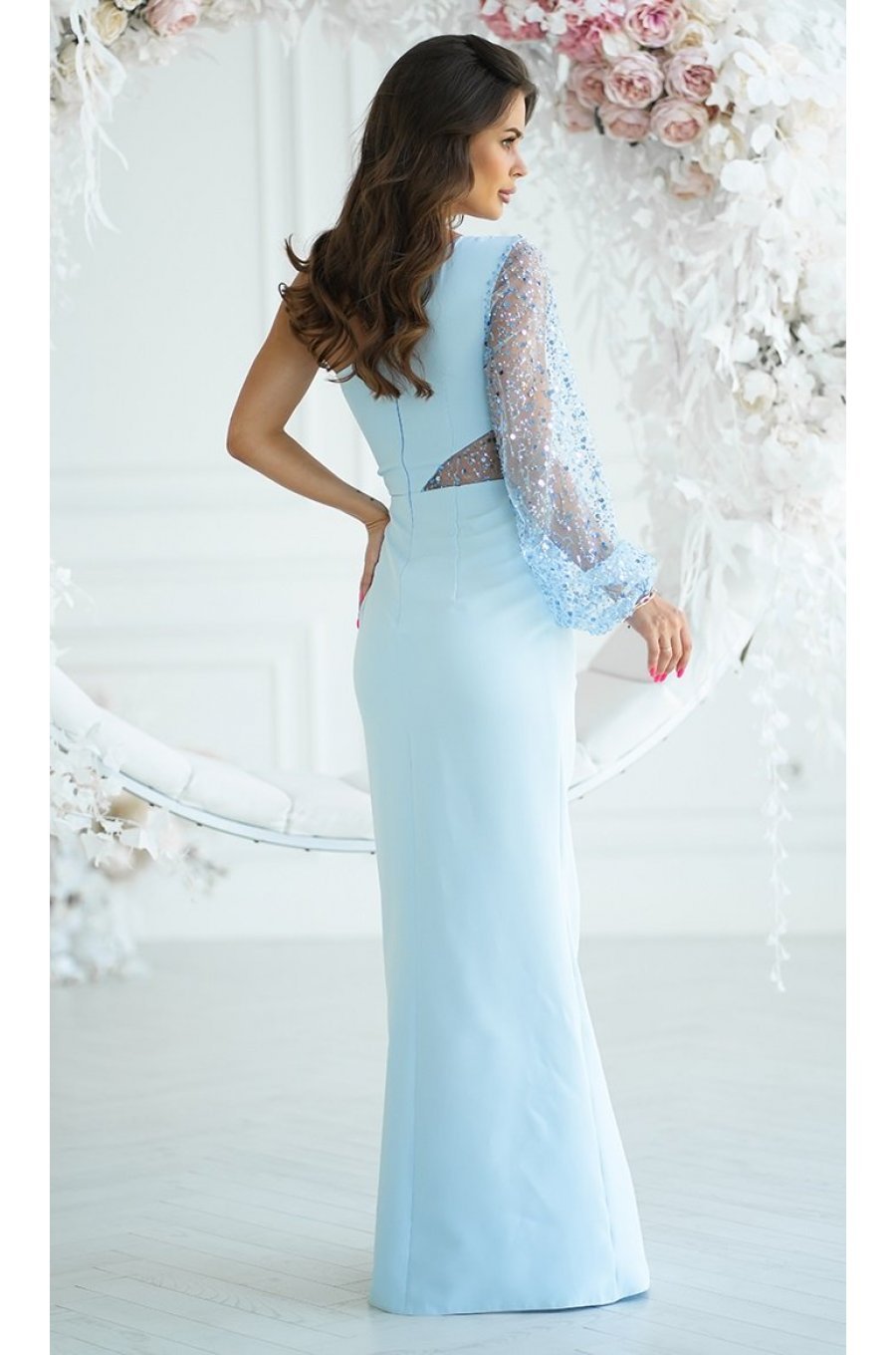 Rochie lunga, cu paiete, baby blue, cu maneca lunga si un umar gol, Temptation 2 - jojofashion.ro