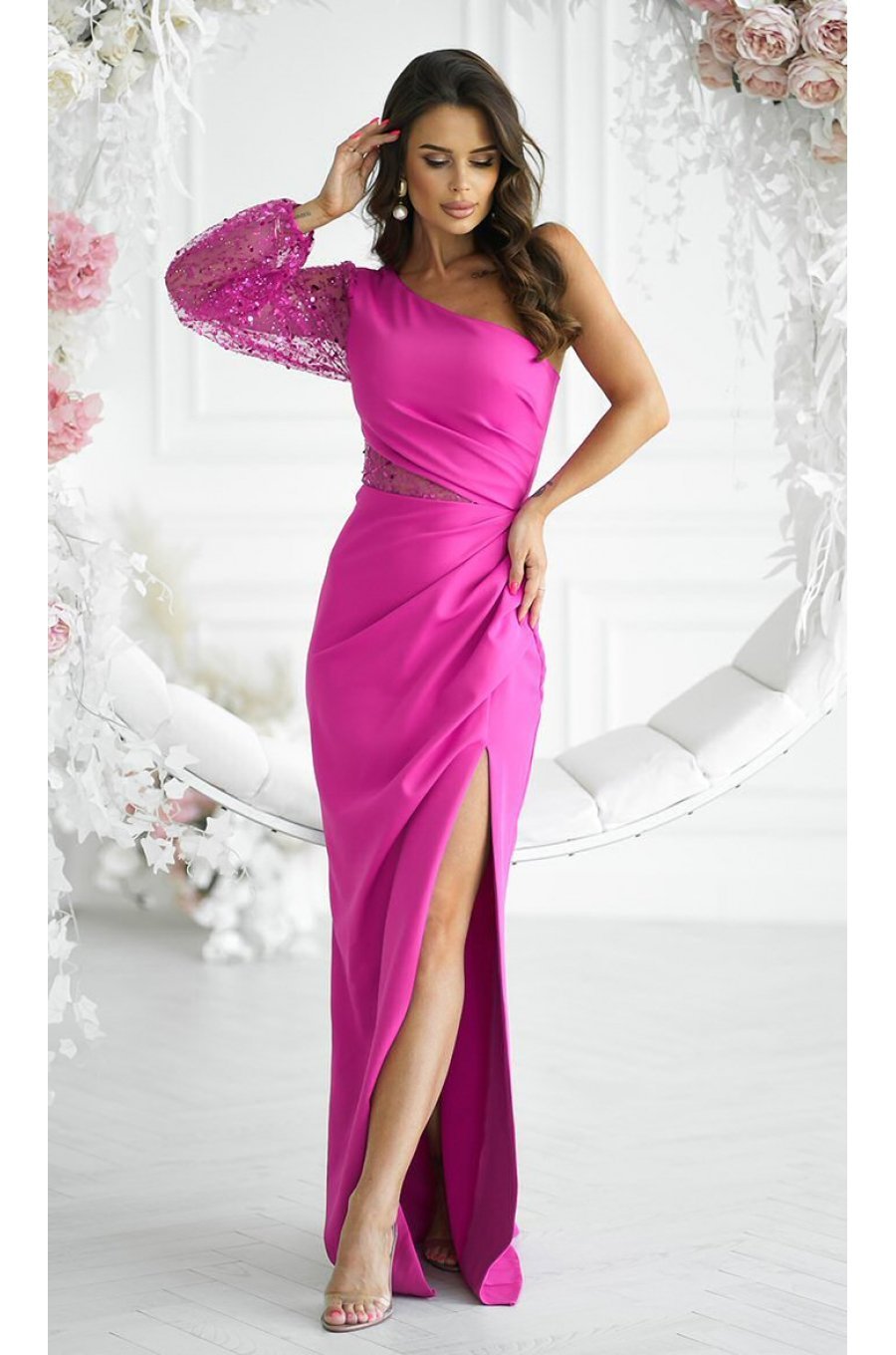 Rochie lunga, cu paiete, roz fucsia, cu maneca lunga si un umar gol, Temptation 1 - jojofashion.ro