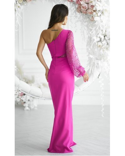 Rochie lunga, cu paiete, roz fucsia, cu maneca lunga si un umar gol, Temptation Rochii lungi, Rochie lunga, cu paiete, roz fucsia, cu maneca lunga si un umar gol, Temptation - jojofashion.ro
