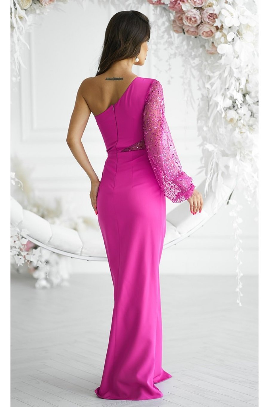 Rochie lunga, cu paiete, roz fucsia, cu maneca lunga si un umar gol, Temptation 2 - jojofashion.ro