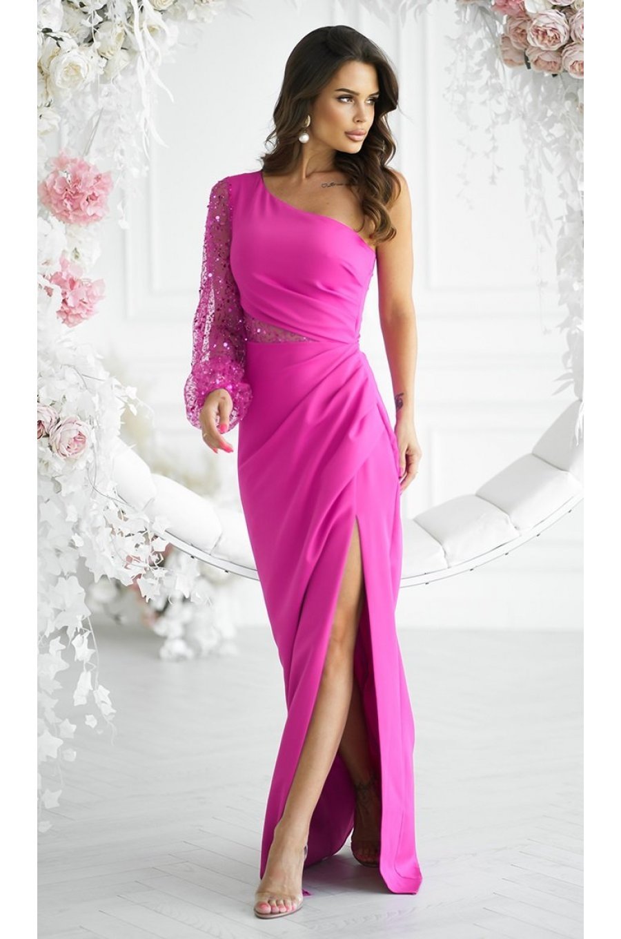 Rochie lunga, cu paiete, roz fucsia, cu maneca lunga si un umar gol, Temptation 3 - jojofashion.ro