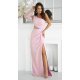 Rochie lunga, cu paiete, roz pudra, cu maneca lunga si un umar gol, Temptation 4 - jojofashion.ro