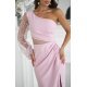 Rochie lunga, cu paiete, roz pudra, cu maneca lunga si un umar gol, Temptation 7 - jojofashion.ro