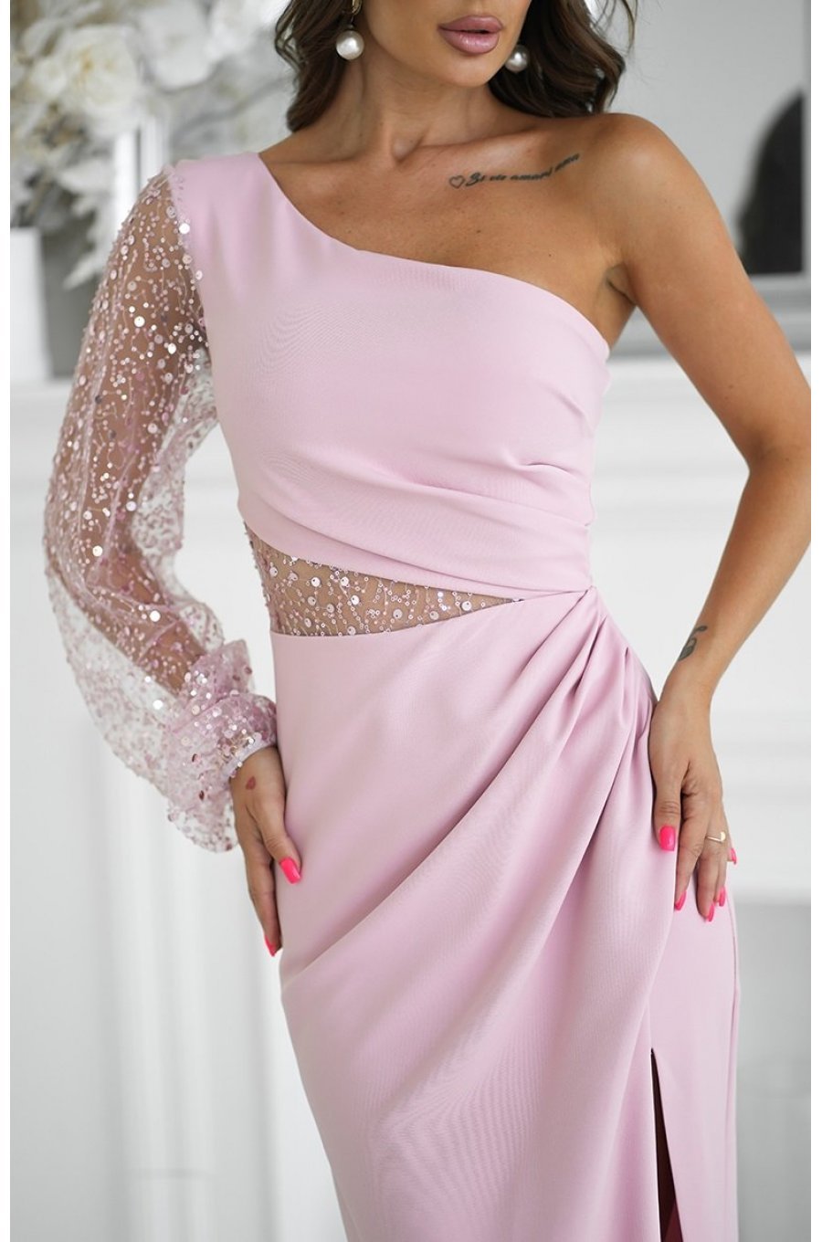 Rochie lunga, cu paiete, roz pudra, cu maneca lunga si un umar gol, Temptation 6 - jojofashion.ro
