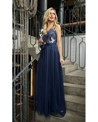 Rochie lunga din tul si dantela bleumarin, vaporoasa, Anabela Rochii lungi, Rochie lunga din tul si dantela bleumarin, vaporoasa, Anabela - jojofashion.ro