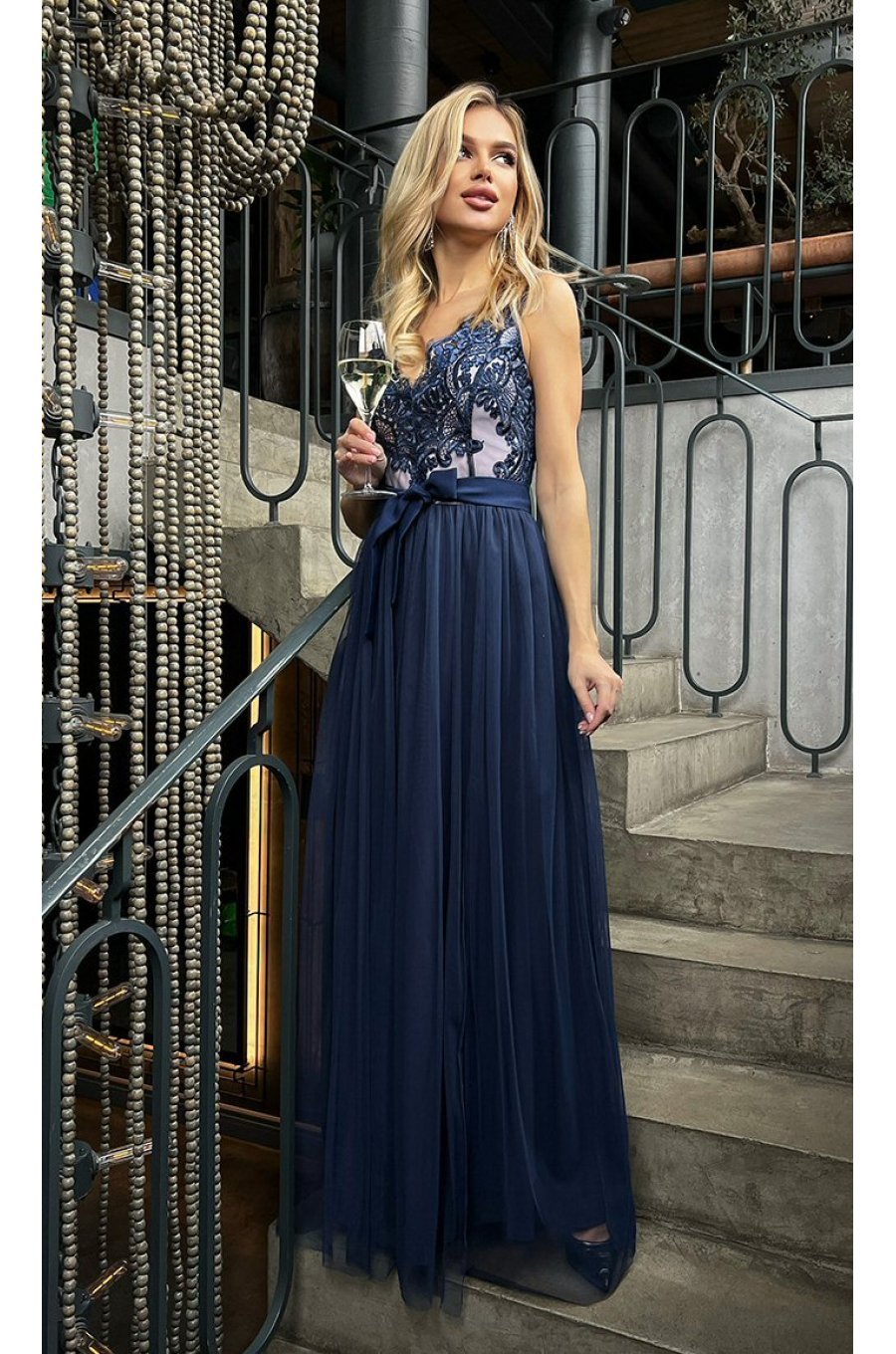Rochie lunga din tul si dantela bleumarin, vaporoasa, Anabela 1 - jojofashion.ro