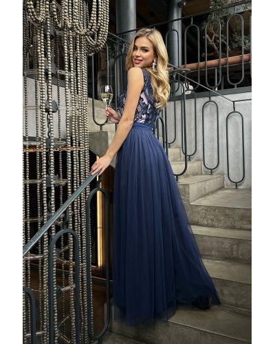 Rochie lunga din tul si dantela bleumarin, vaporoasa, Anabela Rochii lungi, Rochie lunga din tul si dantela bleumarin, vaporoasa, Anabela - jojofashion.ro