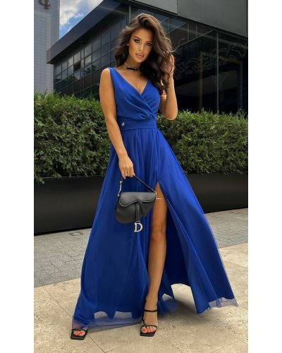 Rochie lunga, din tul si vascoza, albastra, vaporoasa, Andreea Rochii lungi, Rochie lunga, din tul si vascoza, albastra, vaporoasa, Andreea - jojofashion.ro