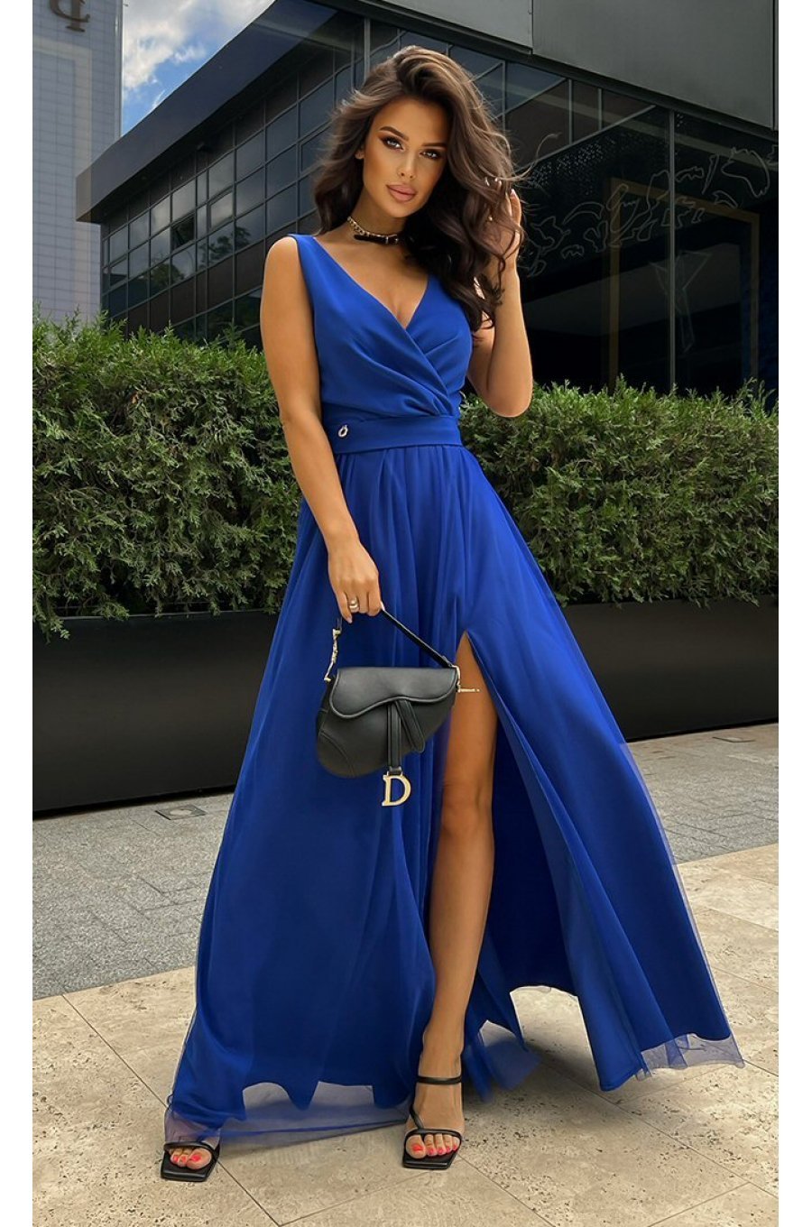 Rochie lunga, din tul si vascoza, albastra, vaporoasa, Andreea Rochie lunga, din tul si vascoza, albastra, vaporoasa, Andreea 1 - jojofashion.ro