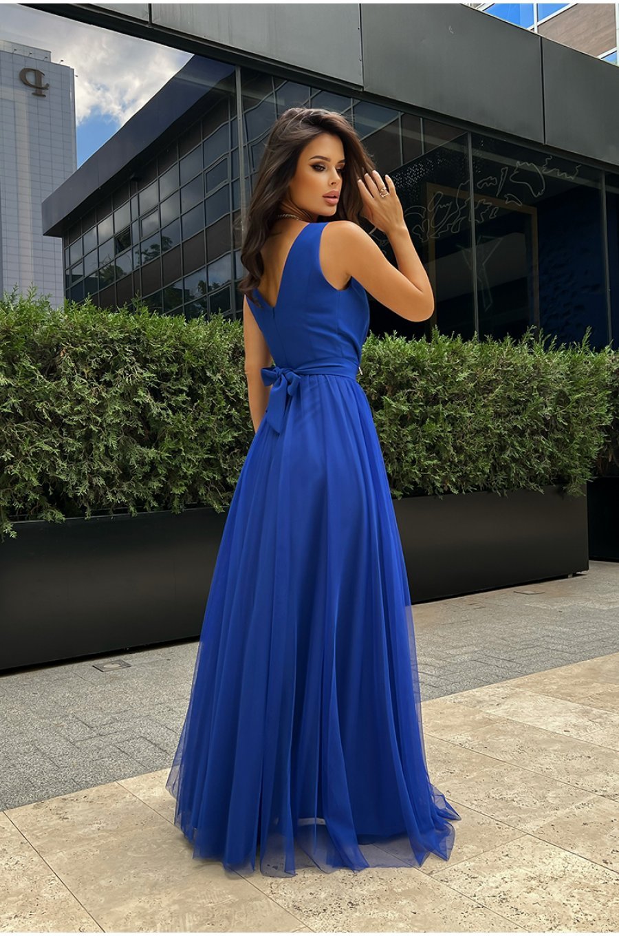 Rochie lunga, din tul si vascoza, albastra, vaporoasa, Andreea Rochie lunga, din tul si vascoza, albastra, vaporoasa, Andreea 2 - jojofashion.ro
