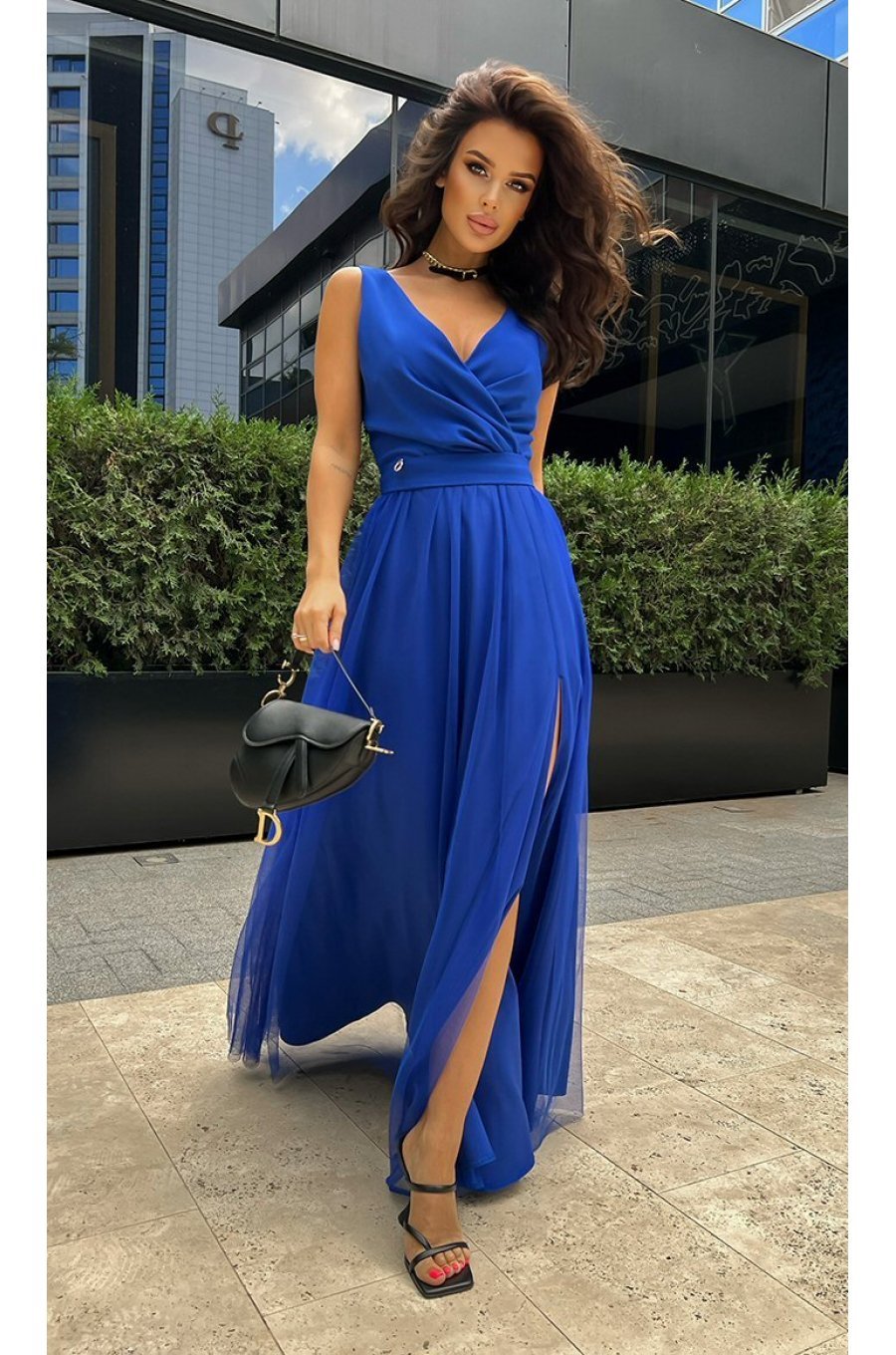 Rochie lunga, din tul si vascoza, albastra, vaporoasa, Andreea Rochie lunga, din tul si vascoza, albastra, vaporoasa, Andreea 3 - jojofashion.ro