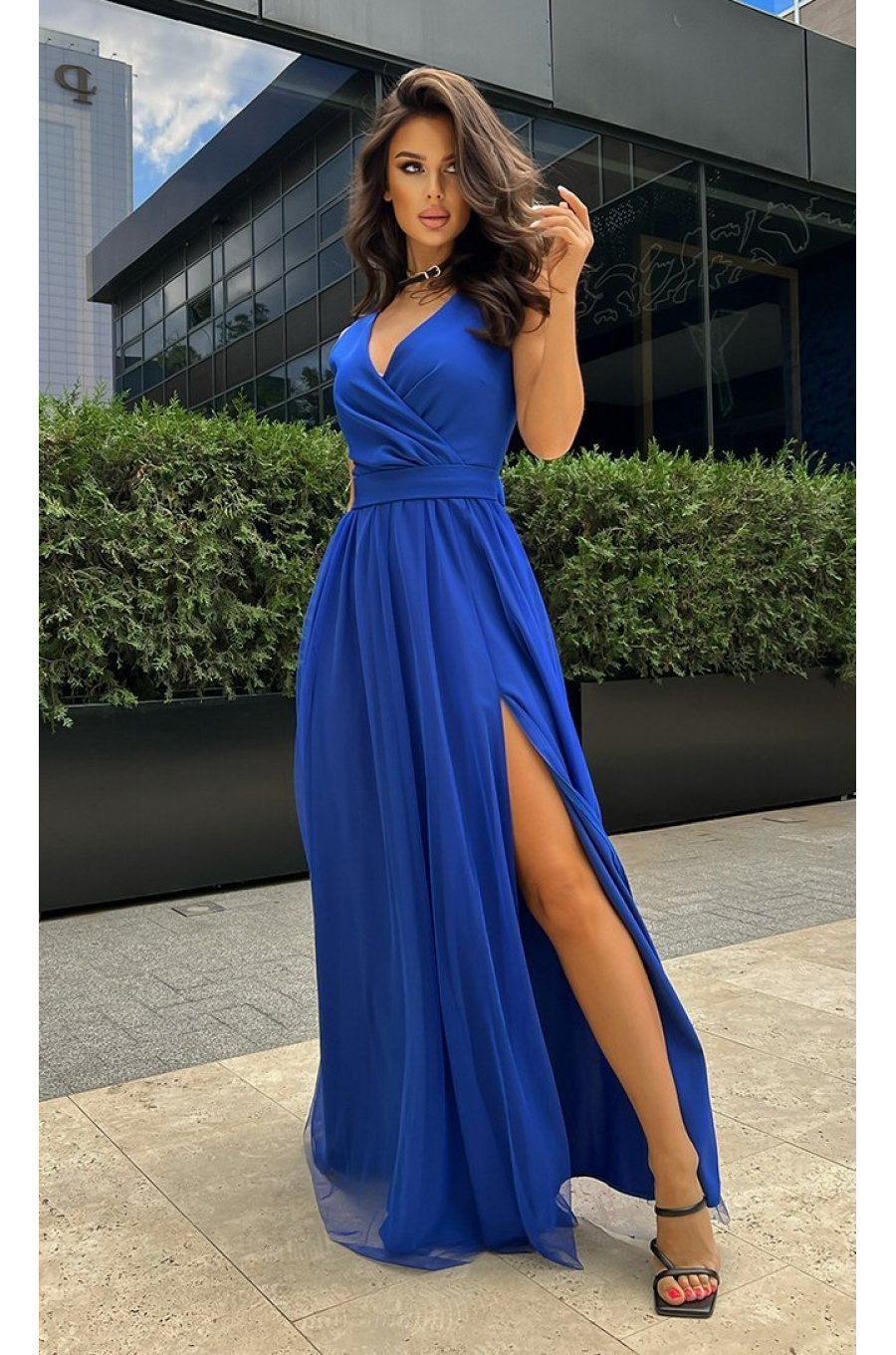 Rochie lunga, din tul si vascoza, albastra, vaporoasa, Andreea Rochie lunga, din tul si vascoza, albastra, vaporoasa, Andreea 5 - jojofashion.ro