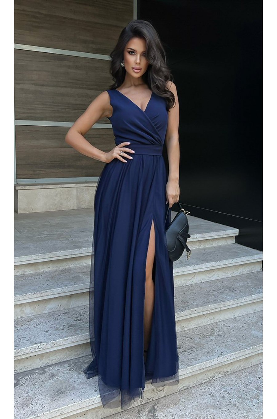 Rochie lunga din tulle si vascoza bleumarin, vaporoasa, Andreea 1 - jojofashion.ro