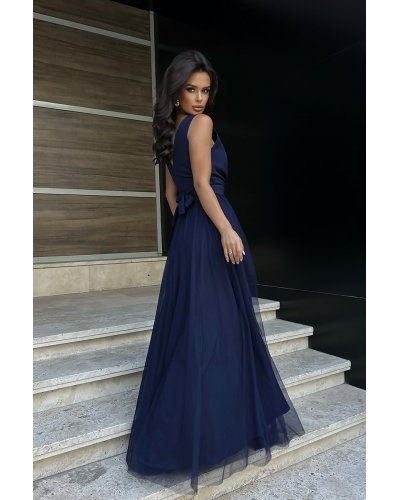 Rochie lunga din tulle si vascoza bleumarin, vaporoasa, Andreea Rochii lungi, Rochie lunga din tulle si vascoza bleumarin, vaporoasa, Andreea - jojofashion.ro