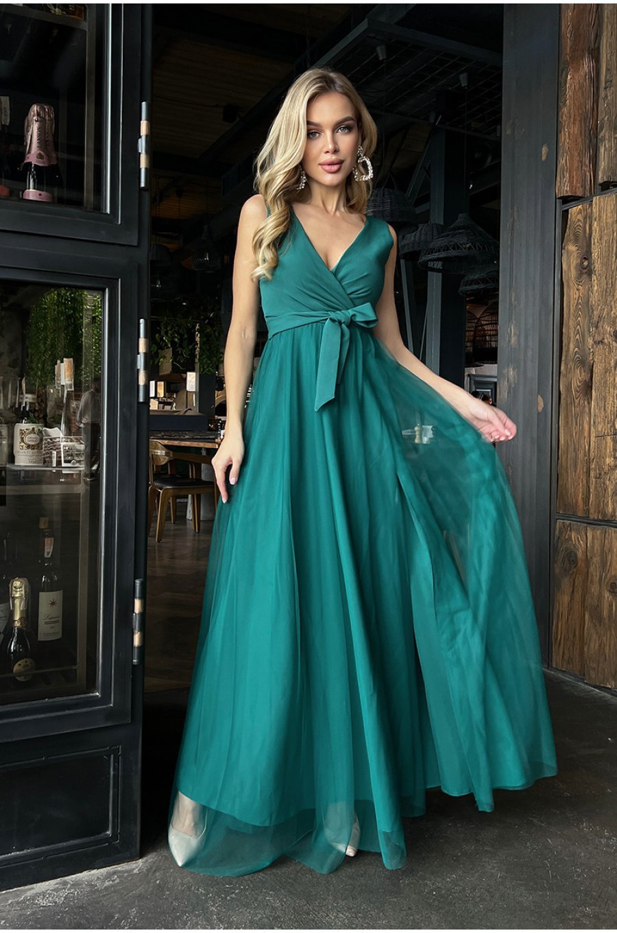Rochie lunga din tul si vascoza verde, vaporoasa, Andreea 4 - jojofashion.ro