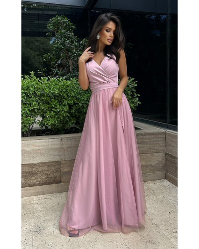 Rochie lunga din tul si vascoza roz pudra, vaporoasa, Andreea Rochii lungi, Rochie lunga din tul si vascoza roz pudra, vaporoasa, Andreea - jojofashion.ro
