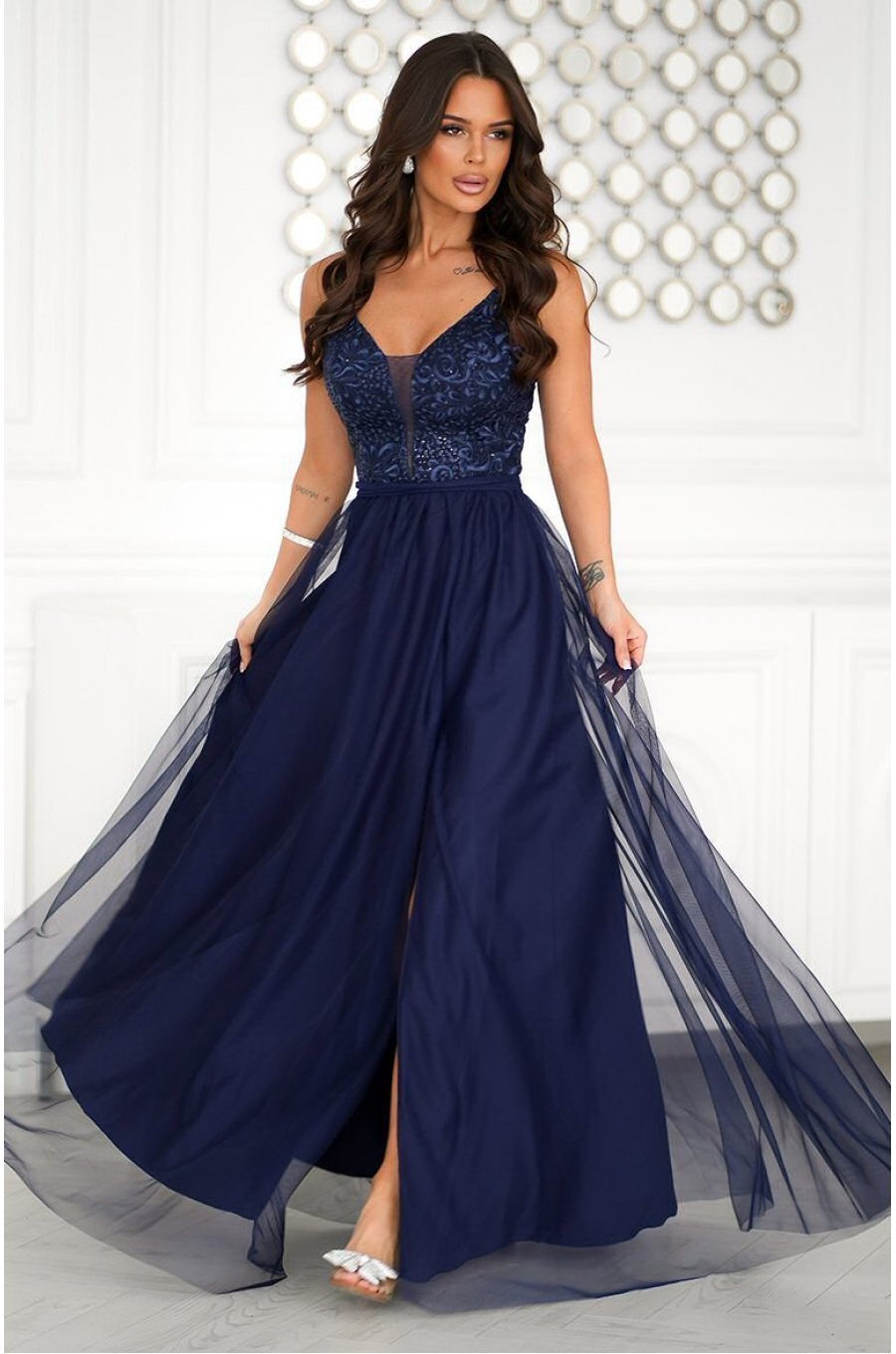 Rochie lunga eleganta bleumarin din tulle si dantela vaporoasa Isadora 3 - jojofashion.ro