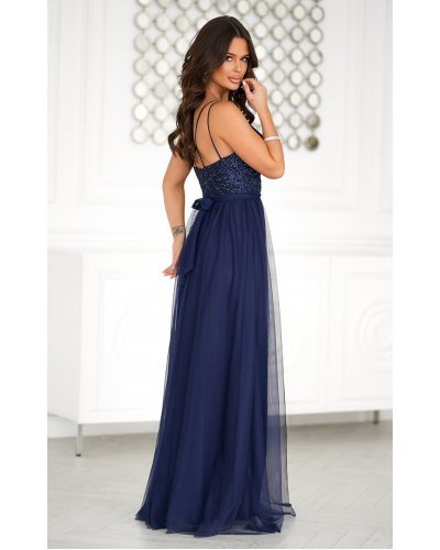 Rochie lunga eleganta bleumarin din tulle si dantela vaporoasa Isadora Rochii, Rochie lunga eleganta bleumarin din tulle si dantela vaporoasa Isadora - jojofashion.ro