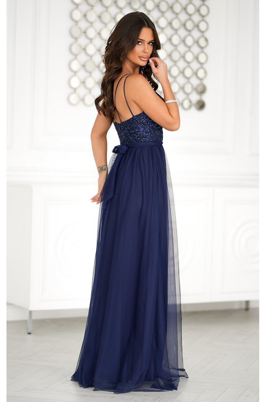 Rochie lunga eleganta bleumarin din tulle si dantela vaporoasa Isadora 2 - jojofashion.ro