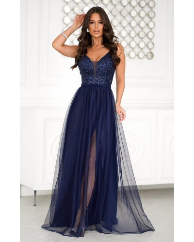Rochie lunga eleganta bleumarin din tulle si dantela vaporoasa Isadora Rochii, Rochie lunga eleganta bleumarin din tulle si dantela vaporoasa Isadora - jojofashion.ro