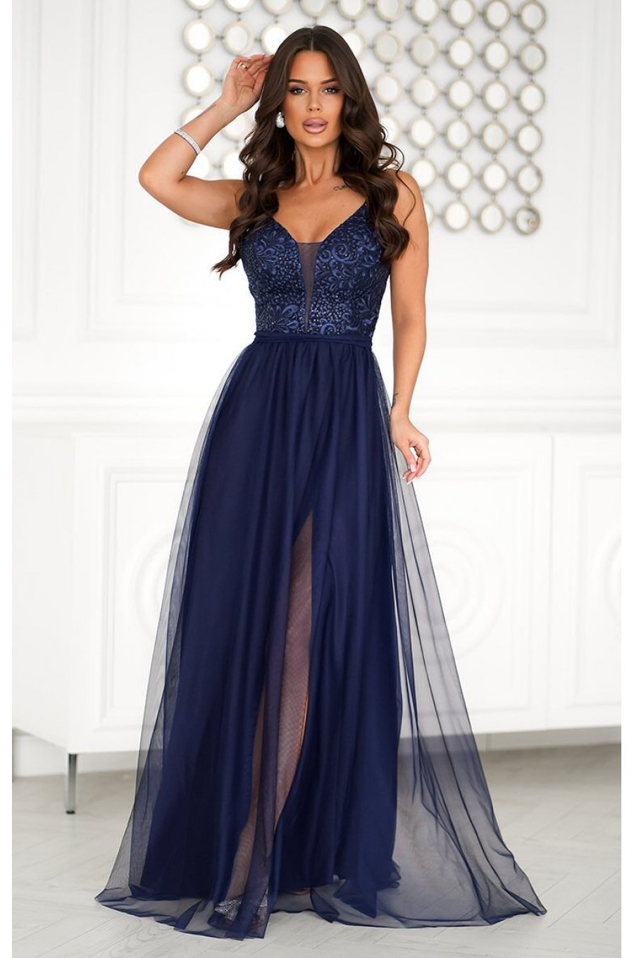 Rochie lunga eleganta bleumarin din tulle si dantela vaporoasa Isadora 1 - jojofashion.ro