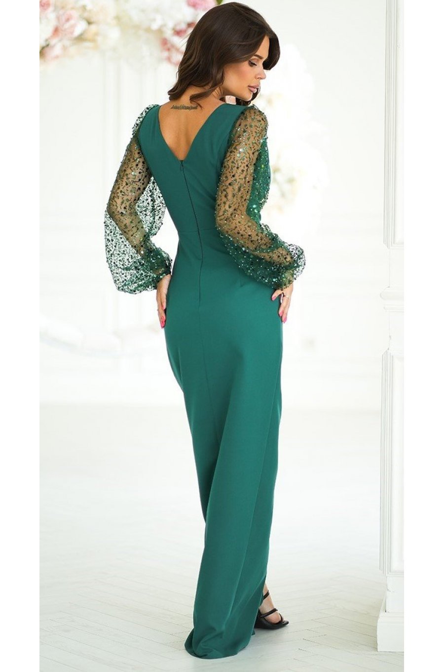 Rochie lunga verde smarald cu paiete cu maneca lunga petrecuta Deluxe 2 - jojofashion.ro