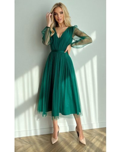 Rochie midi eleganta verde din tul cu glitter cu maneca lunga Petra Rochii de nasa, Rochie midi eleganta verde din tul cu glitter cu maneca lunga Petra - jojofashion.ro