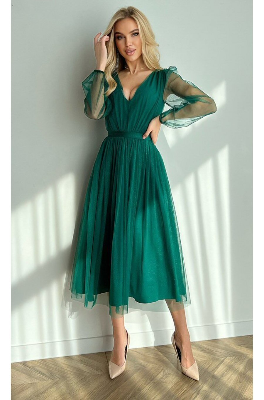 Rochie eleganta midi, din tul cu glitter, verde, evazata, cu maneca lunga, Petra 1 - jojofashion.ro