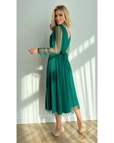 Rochie midi eleganta verde din tul cu glitter cu maneca lunga Petra Rochii de nasa, Rochie midi eleganta verde din tul cu glitter cu maneca lunga Petra - jojofashion.ro