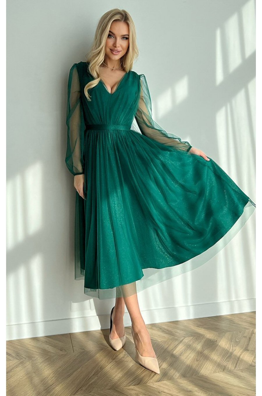 Rochie eleganta midi, din tul cu glitter, verde, evazata, cu maneca lunga, Petra 4 - jojofashion.ro