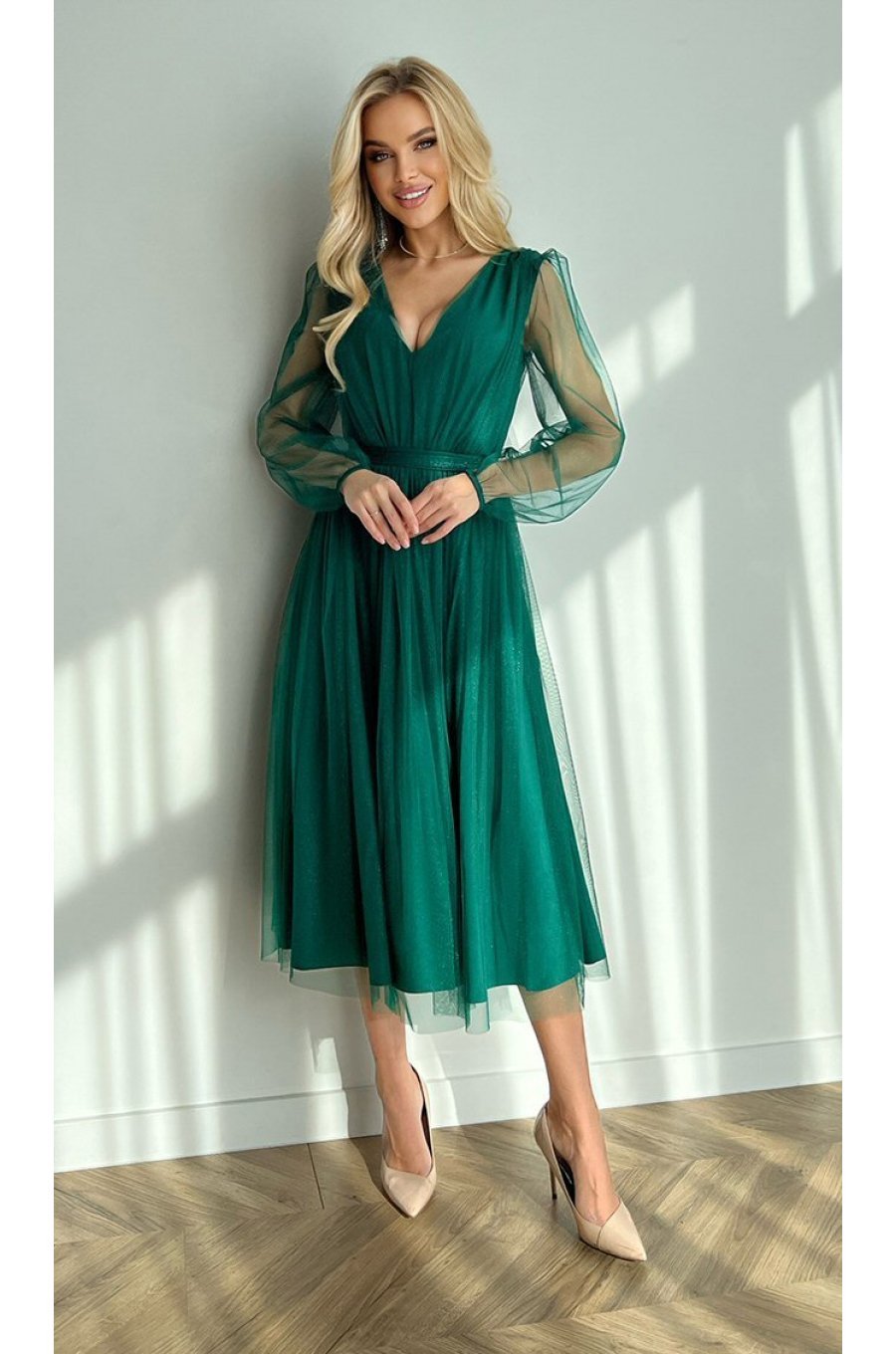 Rochie eleganta midi, din tul cu glitter, verde, evazata, cu maneca lunga, Petra 5 - jojofashion.ro